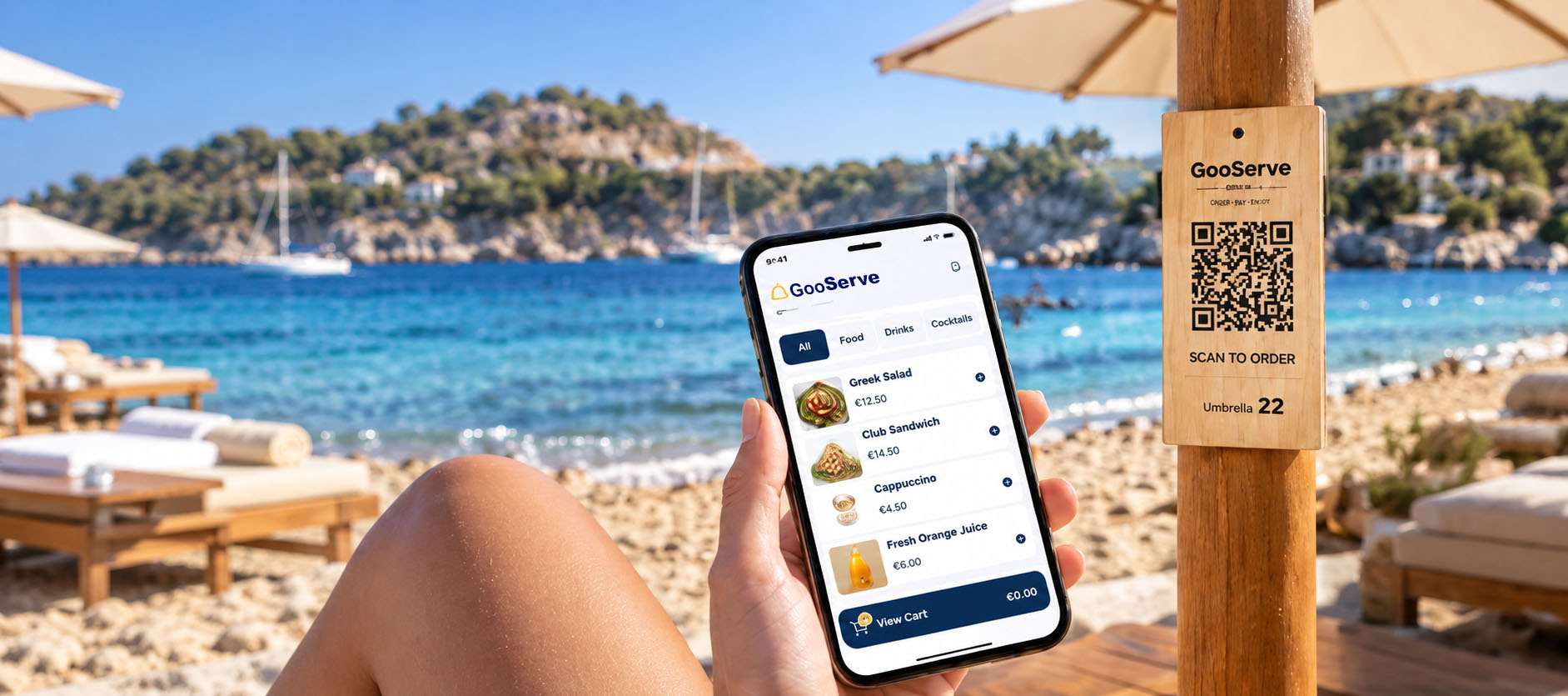 Beach bar με QR self-ordering και πελάτη να παραγγέλνει από το κινητό